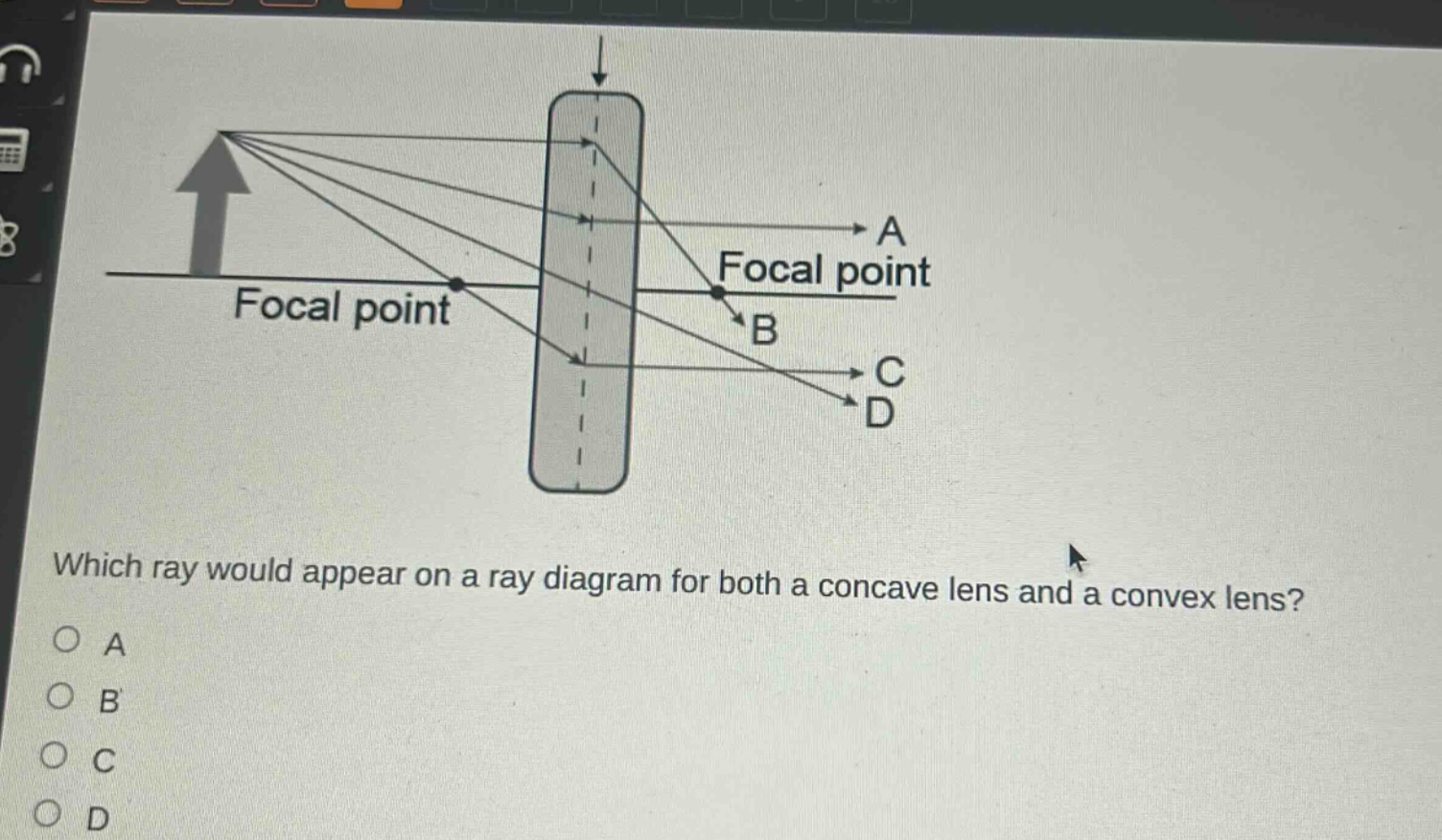 which ray would appear on a ray diagram for both a concave lens and a convex lens?\na\nb\nc\nd