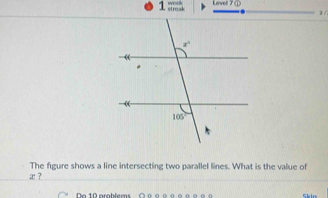 the figure shows a line intersecting two parallel lines. what is the value of x?