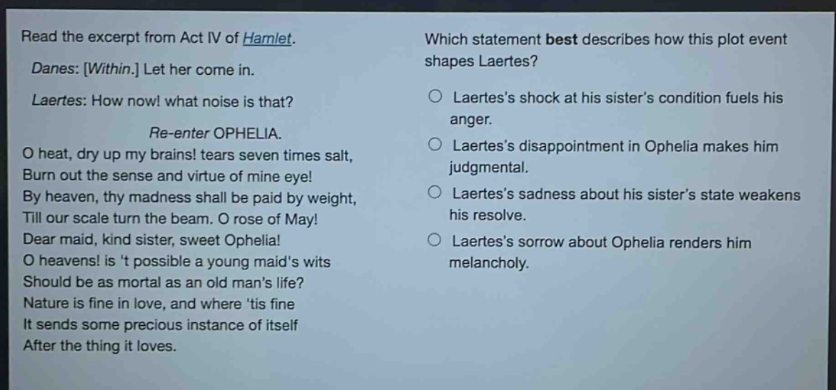 read the excerpt from act iv of hamlet. danes: within. let her come in. laertes: how now! what noise is that? re - enter ophelia. o heat, dry up my brains! tears seven times salt, burn out the sense and virtue of mine eye! by heaven, thy madness shall be paid by weight, till our scale turn the beam. o rose of may! dear maid, kind sister, sweet ophelia! o heavens! is t possible a young maids wits should be as mortal as an old mans life? nature is fine in love, and where tis fine it sends some precious instance of itself after the thing it loves. which statement best describes how this plot event shapes laertes? laertess shock at his sisters condition fuels his anger. laertess disappointment in ophelia makes him judgmental. laertess sadness about his sisters state weakens his resolve. laertess sorrow about ophelia renders him melancholy.