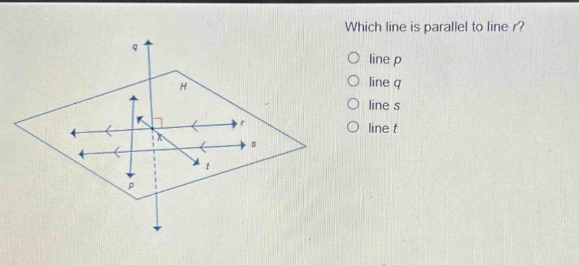 which line is parallel to line r? line p line q line s line t