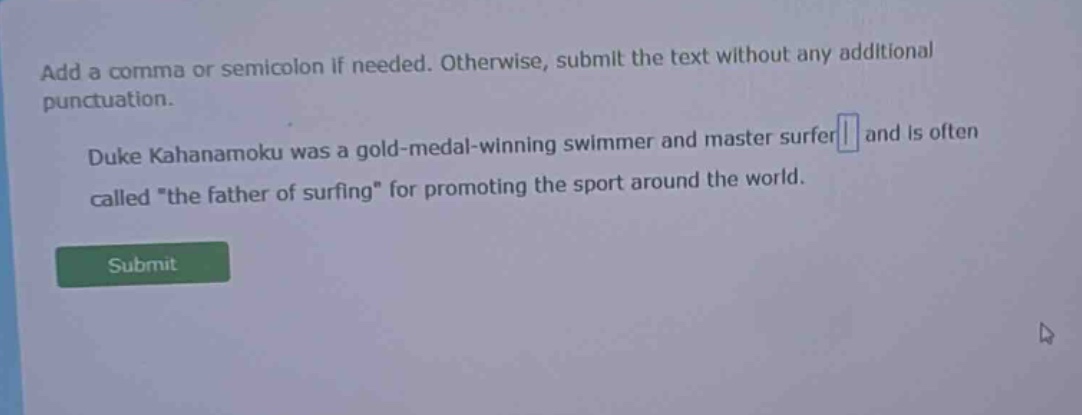 add a comma or semicolon if needed. otherwise, submit the text without any additional punctuation. duke kahanamoku was a gold - medal - winning swimmer and master surfer and is often called \the father of surfing\ for promoting the sport around the world.