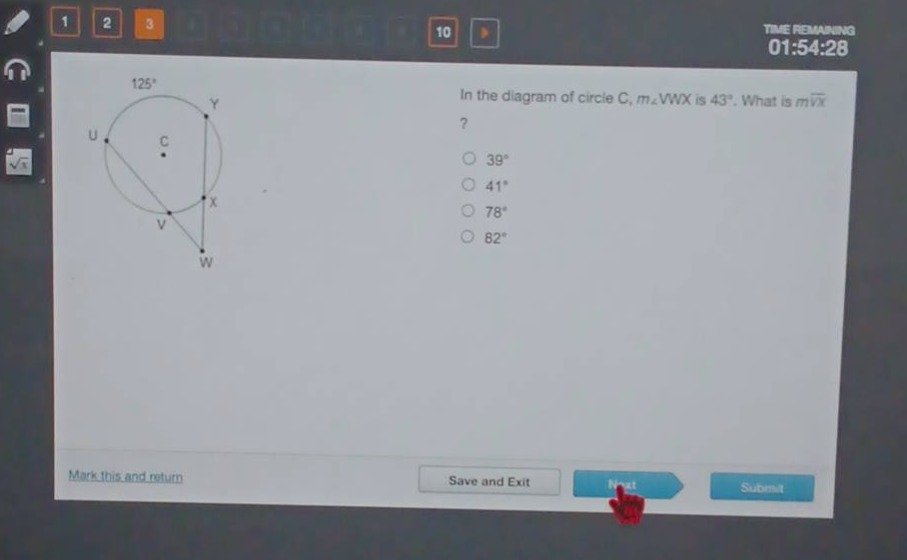 in the diagram of circle c, m∠vwx is 43°. what is mvx? 39° 41° 78° 82°