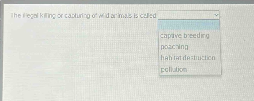 the illegal killing or capturing of wild animals is called captive breeding poaching habitat destruction pollution