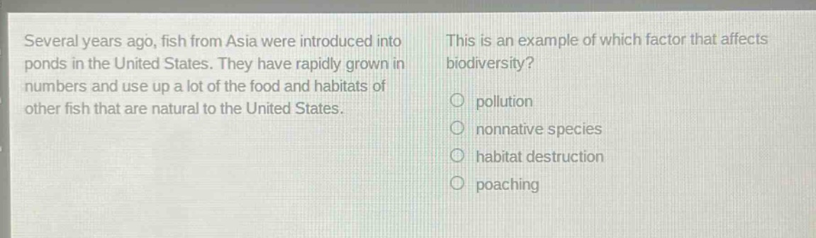 several years ago, fish from asia were introduced into ponds in the united states. they have rapidly grown in numbers and use up a lot of the food and habitats of other fish that are natural to the united states. this is an example of which factor that affects biodiversity? pollution nonnative species habitat destruction poaching