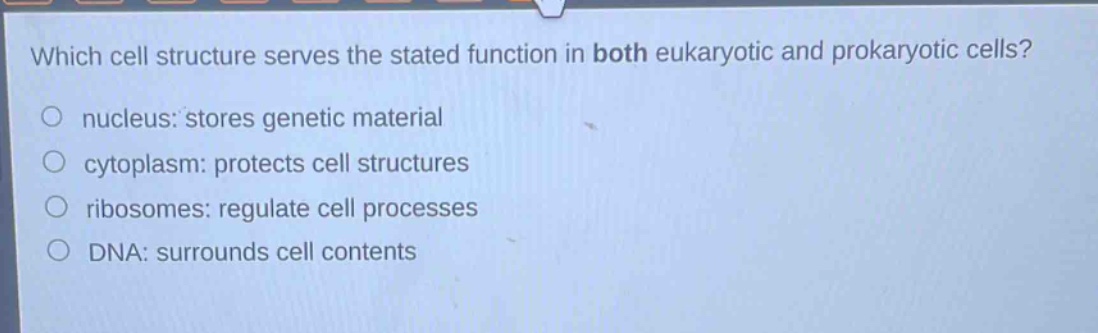 which cell structure serves the stated function in both eukaryotic and prokaryotic cells? nucleus: stores genetic material cytoplasm: protects cell structures ribosomes: regulate cell processes dna: surrounds cell contents