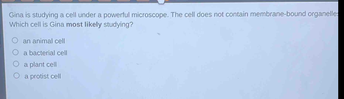 gina is studying a cell under a powerful microscope. the cell does not contain membrane - bound organelles. which cell is gina most likely studying? an animal cell a bacterial cell a plant cell a protist cell