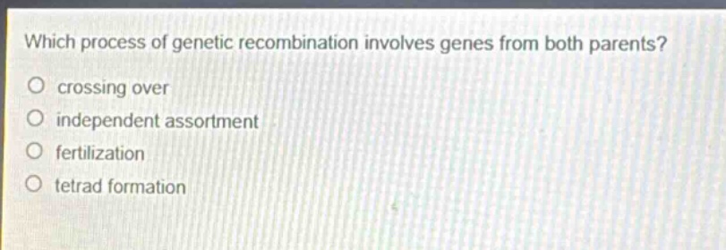 which process of genetic recombination involves genes from both parents?\no crossing over\no independent assortment\no fertilization\no tetrad formation