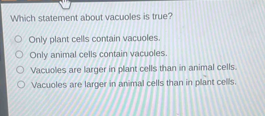 which statement about vacuoles is true? only plant cells contain vacuoles. only animal cells contain vacuoles. vacuoles are larger in plant cells than in animal cells. vacuoles are larger in animal cells than in plant cells.