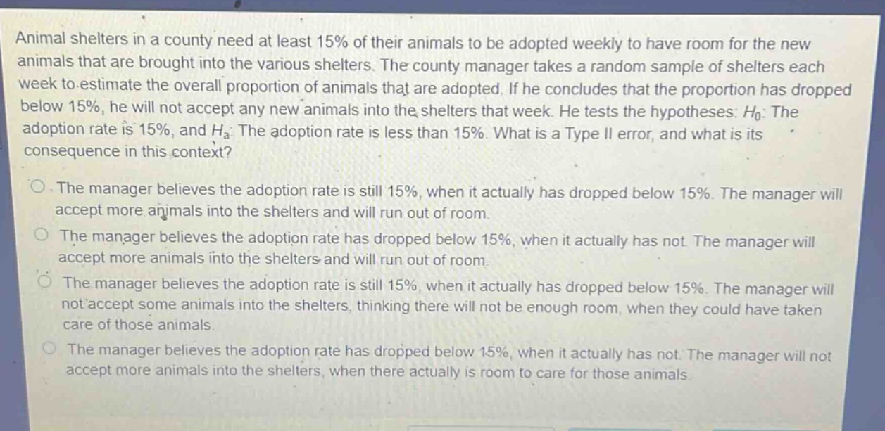 animal shelters in a county need at least 15% of their animals to be adopted weekly to have room for the new animals that are brought into the various shelters. the county manager takes a random sample of shelters each week to estimate the overall proportion of animals that are adopted. if he concludes that the proportion has dropped below 15%, he will not accept any new animals into the shelters that week. he tests the hypotheses: h0: the adoption rate is 15%, and ha: the adoption rate is less than 15%. what is a type ii error, and what is its consequence in this context? the manager believes the adoption rate is still 15%, when it actually has dropped below 15%. the manager will accept more animals into the shelters and will run out of room. the manager believes the adoption rate has dropped below 15%, when it actually has not. the manager will accept more animals into the shelters and will run out of room. the manager believes the adoption rate is still 15%, when it actually has dropped below 15%. the manager will not accept some animals into the shelters, thinking there will not be enough room, when they could have taken care of those animals. the manager believes the adoption rate has dropped below 15%, when it actually has not. the manager will not accept more animals into the shelters, when there actually is room to care for those animals
