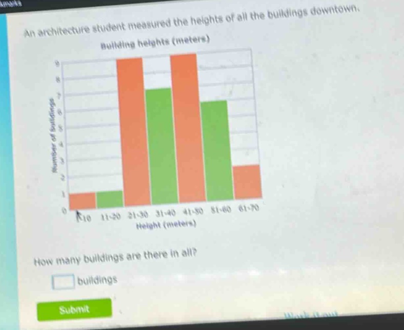 an architecture student measured the heights of all the buildings downtown. building heights (meters) how many buildings are there in all? buildings