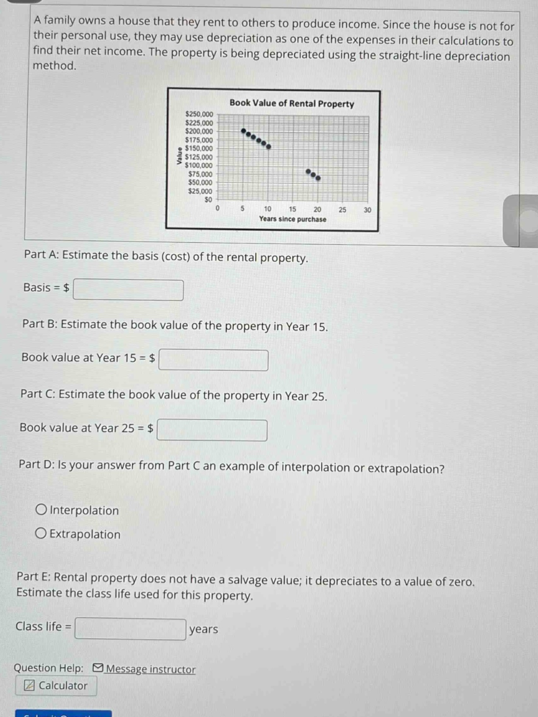 a family owns a house that they rent to others to produce income. since the house is not for their personal use, they may use depreciation as one of the expenses in their calculations to find their net income. the property is being depreciated using the straight - line depreciation method. part a: estimate the basis (cost) of the rental property. basis = $ part b: estimate the book value of the property in year 15. book value at year 15 = $ part c: estimate the book value of the property in year 25. book value at year 25 = $ part d: is your answer from part c an example of interpolation or extrapolation? interpolation extrapolation part e: rental property does not have a salvage value; it depreciates to a value of zero. estimate the class life used for this property. class life = years question help: message instructor calculator