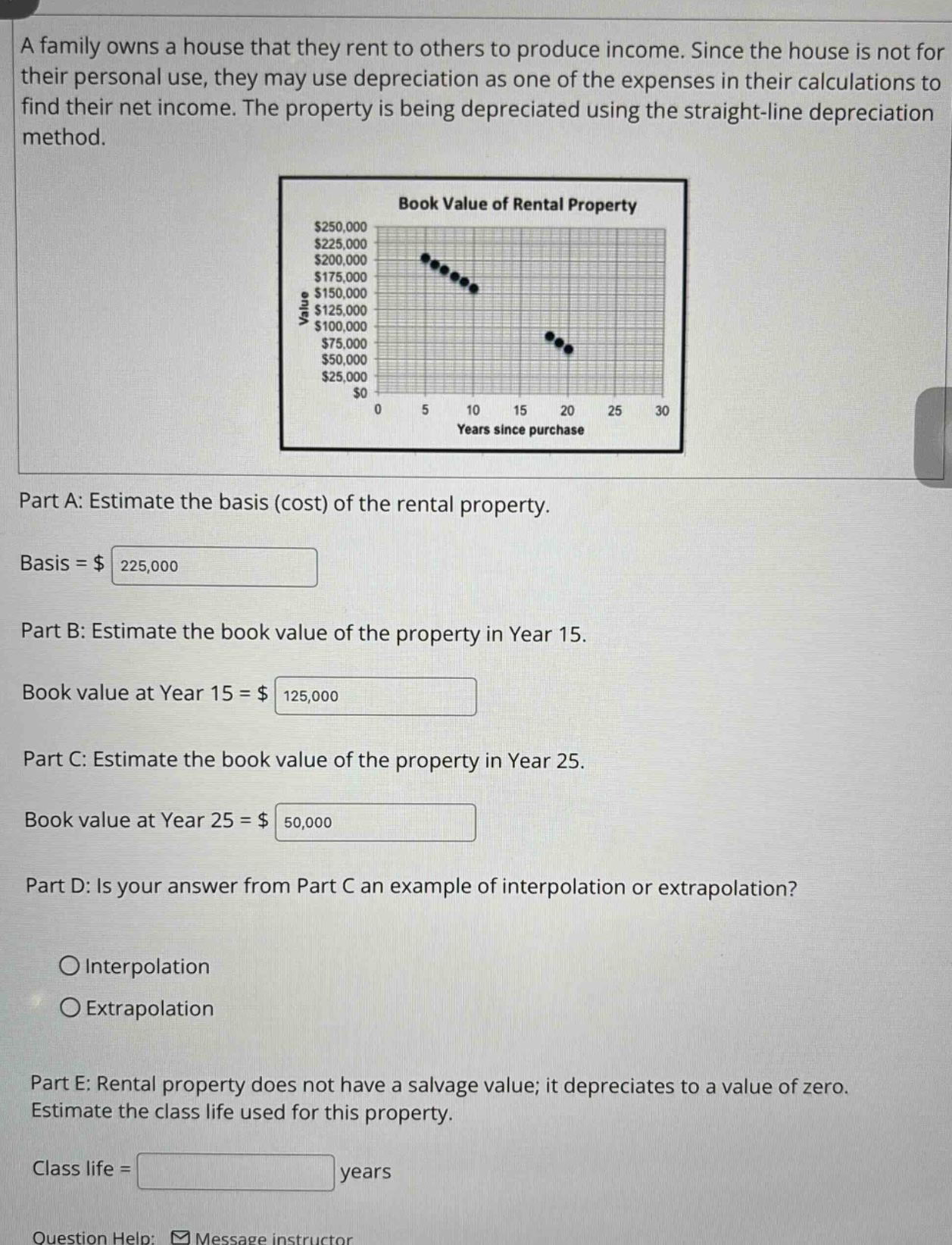 a family owns a house that they rent to others to produce income. since the house is not for their personal use, they may use depreciation as one of the expenses in their calculations to find their net income. the property is being depreciated using the straight - line depreciation method. part a: estimate the basis (cost) of the rental property. basis = $ 225,000 part b: estimate the book value of the property in year 15. book value at year 15 = $ 125,000 part c: estimate the book value of the property in year 25. book value at year 25 = $ 50,000 part d: is your answer from part c an example of interpolation or extrapolation? interpolation extrapolation part e: rental property does not have a salvage value; it depreciates to a value of zero. estimate the class life used for this property. class life = years question help: message instructor