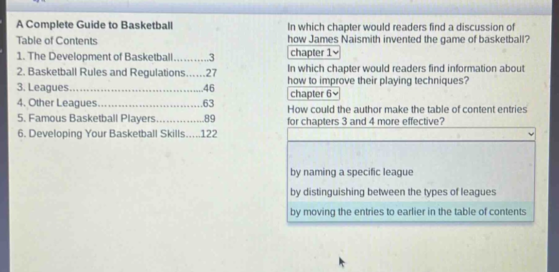 a complete guide to basketball table of contents 1. the development of basketball......3 2. basketball rules and regulations......27 3. leagues......46 4. other leagues......63 5. famous basketball players......89 6. developing your basketball skills......122 in which chapter would readers find a discussion of how james naismith invented the game of basketball? chapter 1 in which chapter would readers find information about how to improve their playing techniques? chapter 6 how could the author make the table of content entries for chapters 3 and 4 more effective? by naming a specific league by distinguishing between the types of leagues by moving the entries to earlier in the table of contents