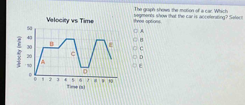 the graph shows the motion of a car. which segments show that the car is accelerating? select three options. a b c d e velocity vs time 0 1 2 3 4 5 6 7 8 9 10 time (s) 0 10 20 30 40 50 velocity (m/s) a b c d e