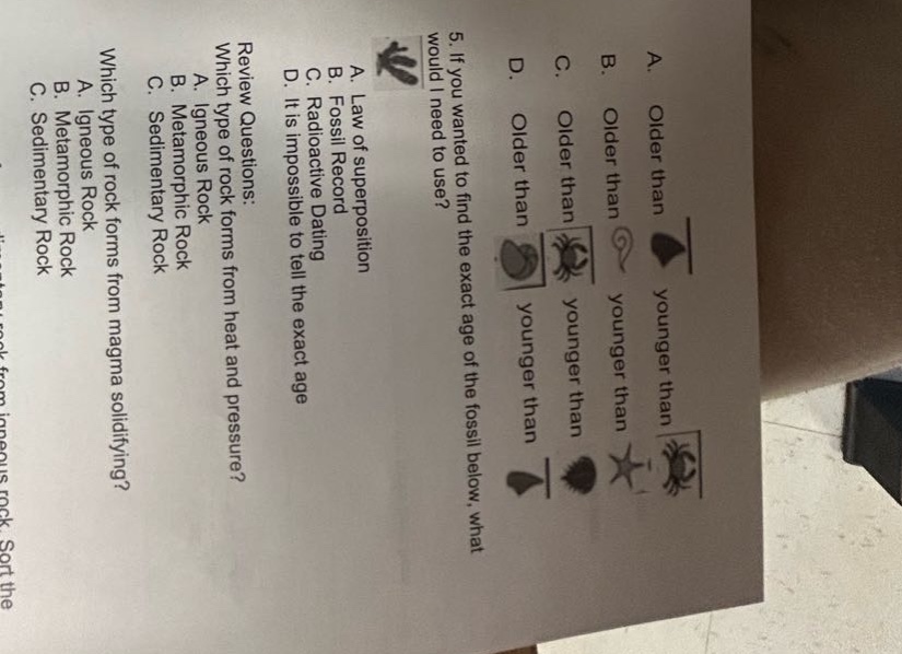 review questions: 5. if you wanted to find the exact age of the fossil below, what would i need to use? a. law of superposition b. fossil record c. radiometric dating d. it is impossible to tell the exact age which type of rock forms from heat and pressure? a. igneous rock b. sedimentary rock c. metamorphic rock which type of rock forms from magma solidifying? a. igneous rock b. sedimentary rock c. metamorphic rock