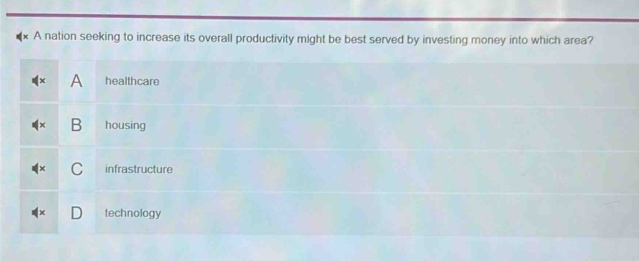 a nation seeking to increase its overall productivity might be best served by investing money into which area? a healthcare b housing c infrastructure d technology