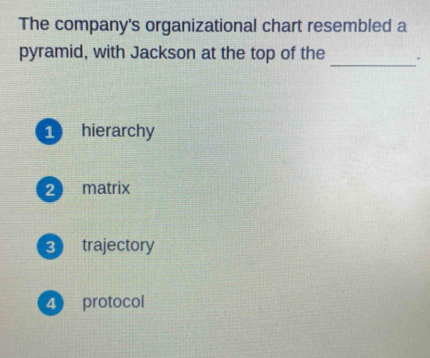 the companys organizational chart resembled a pyramid, with jackson at the top of the \n1 hierarchy\n2 matrix\n3 trajectory\n4 protocol