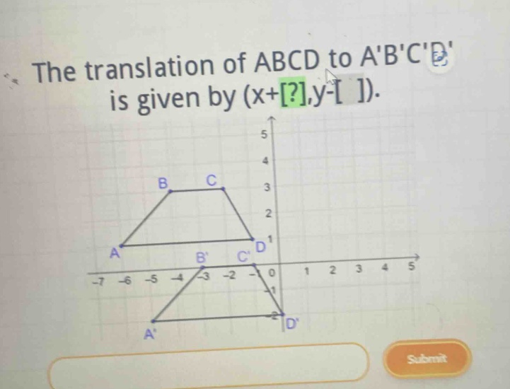 the translation of abcd to abcd is given by (x+?,y-).