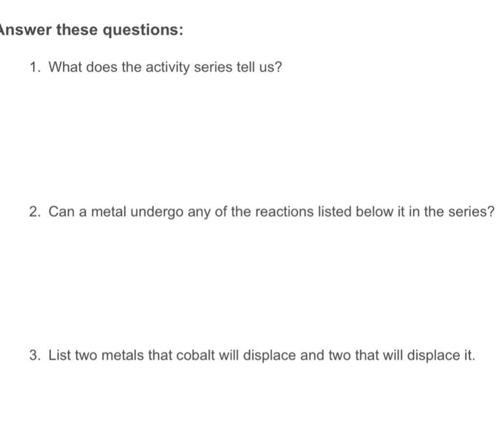 answer these questions: 1. what does the activity series tell us? 2. can a metal undergo any of the reactions listed below it in the series? 3. list two metals that cobalt will displace and two that will displace it.