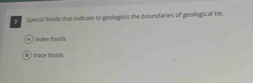 7 special fossils that indicate to geologists the boundaries of geological tie. a index fossils b trace fossils