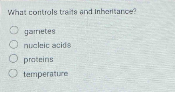 what controls traits and inheritance?\ngametes\nnucleic acids\nproteins\ntemperature