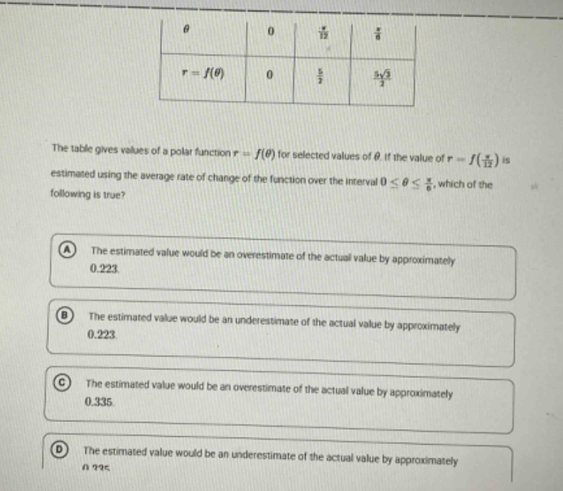 the table gives values of a polar function r = f(θ) for selected values of θ. if the value of r = f(π/12) is estimated using the average rate of change of the function over the interval 0 ≤ θ ≤ π/6, which of the following is true? a the estimated value would be an overestimate of the actual value by approximately 0.223. b the estimated value would be an underestimate of the actual value by approximately 0.223. c the estimated value would be an overestimate of the actual value by approximately 0.335. d the estimated value would be an underestimate of the actual value by approximately 0.335.