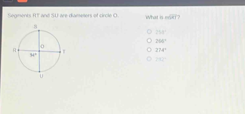segments rt and su are diameters of circle o. what is msrt? 258° 266° 274° 282°