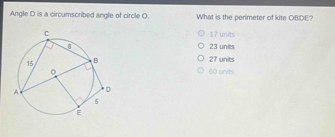 angle d is a circumscribed angle of circle o. what is the perimeter of kite obde? 17 units 23 units 27 units 60 units