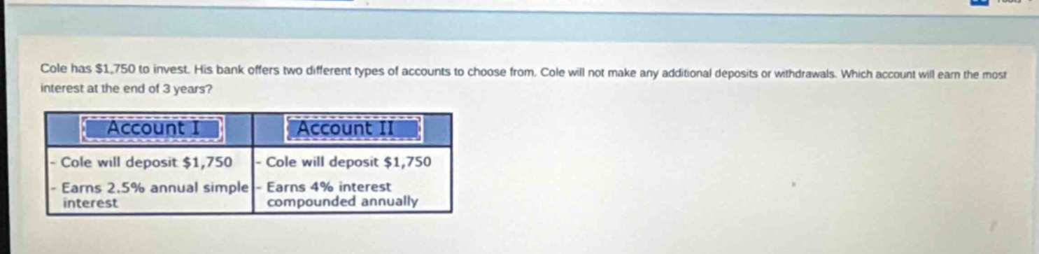 cole has $1,750 to invest. his bank offers two different types of accounts to choose from. cole will not make any additional deposits or withdrawals. which account will earn the most interest at the end of 3 years? account i - cole will deposit $1,750 - earns 2.5% annual simple interest account ii - cole will deposit $1,750 - earns 4% interest compounded annually