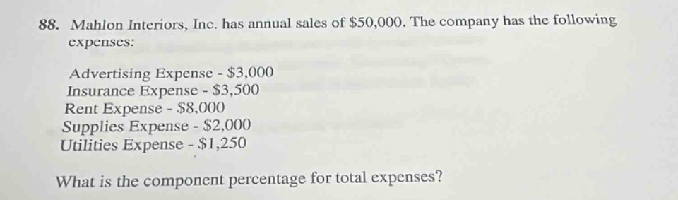 88. mahlon interiors, inc. has annual sales of $50,000. the company has the following expenses: advertising expense - $3,000 insurance expense - $3,500 rent expense - $8,000 supplies expense - $2,000 utilities expense - $1,250 what is the component percentage for total expenses?