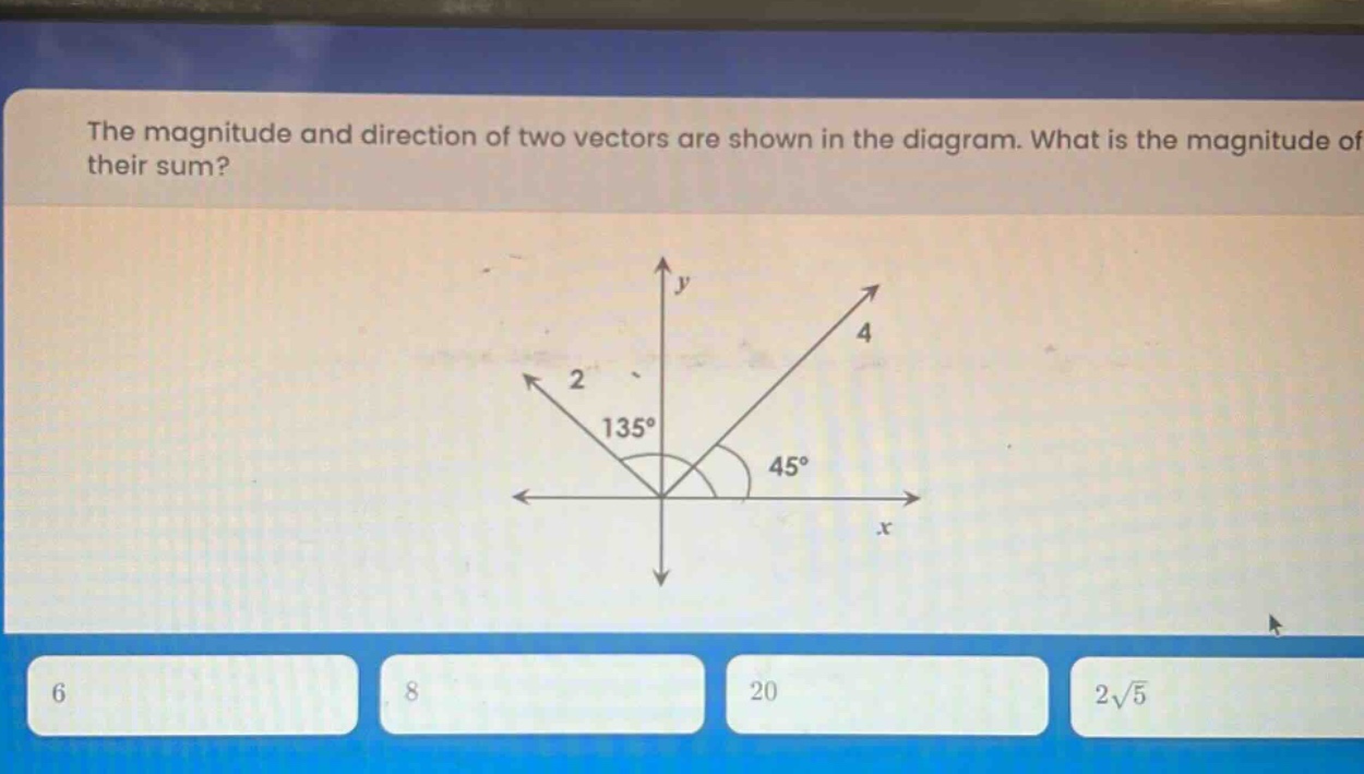 the magnitude and direction of two vectors are shown in the diagram. what is the magnitude of their sum? 6 8 20 2√5