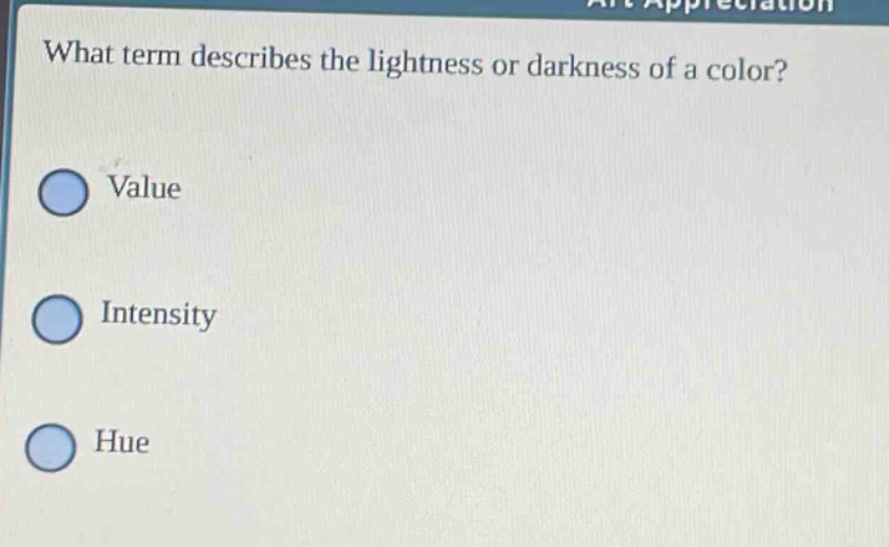 what term describes the lightness or darkness of a color? value intensity hue