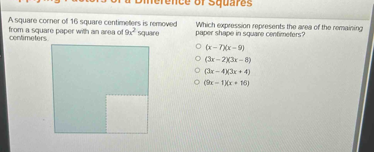 a square corner of 16 square centimeters is removed from a square paper with an area of 9x² square centimeters. which expression represents the area of the remaining paper shape in square centimeters? (x - 7)(x - 9) (3x - 2)(3x - 8) (3x - 4)(3x + 4) (9x - 1)(x + 16)