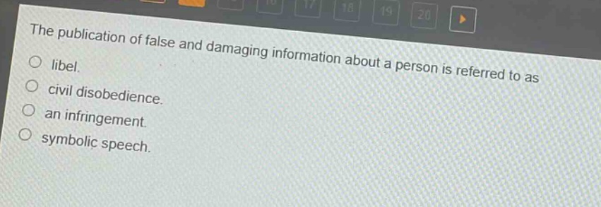 the publication of false and damaging information about a person is referred to as\nlabel.\ncivil disobedience.\nan infringement.\nsymbolic speech.