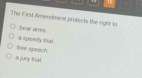 the first amendment protects the right to bear arms. a speedy trial. free speech. a jury trial.
