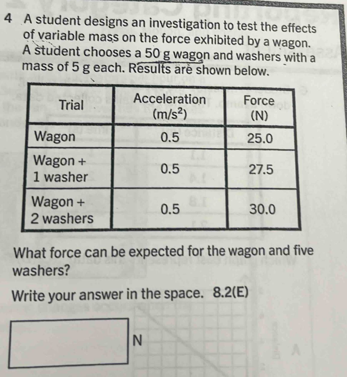 4 a student designs an investigation to test the effects of variable mass on the force exhibited by a wagon. a student chooses a 50 g wagon and washers with a mass of 5 g each. results are shown below. trial acceleration (m/s²) force (n) wagon 0.5 25.0 wagon + 1 washer 0.5 27.5 wagon + 2 washers 0.5 30.0 what force can be expected for the wagon and five washers? write your answer in the space. 8.2(e) n