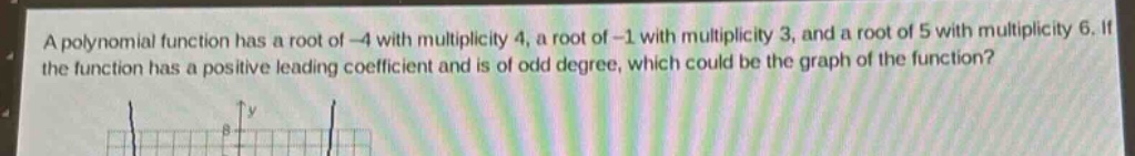 a polynomial function has a root of -4 with multiplicity 4, a root of -1 with multiplicity 3, and a root of 5 with multiplicity 6. if the function has a positive leading coefficient and is of odd degree, which could be the graph of the function?