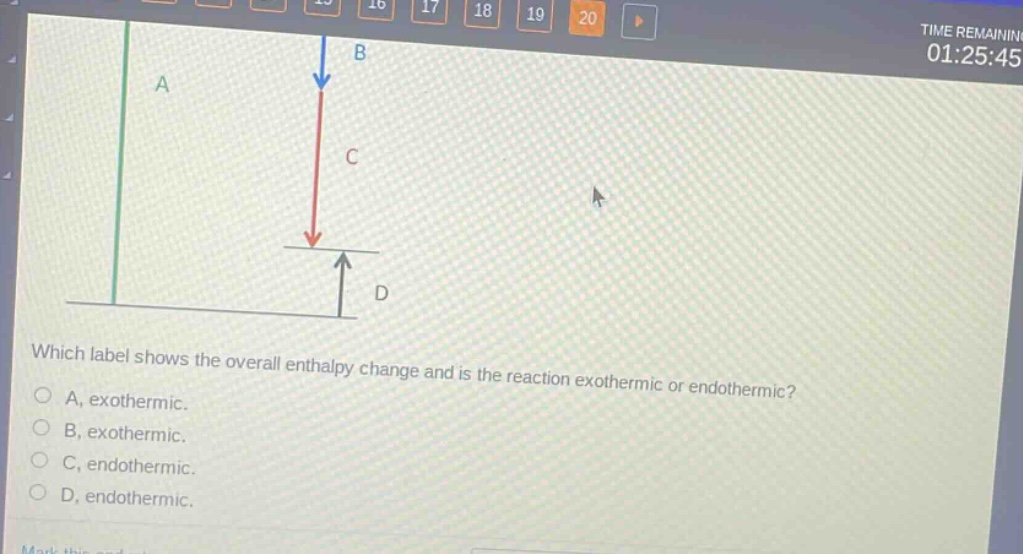 which label shows the overall enthalpy change and is the reaction exothermic or endothermic?\na, exothermic.\nb, exothermic.\nc, endothermic.\nd, endothermic.