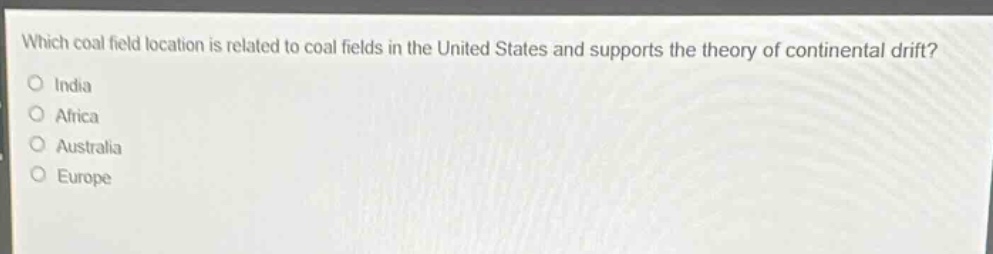 which coal field location is related to coal fields in the united states and supports the theory of continental drift? india africa australia europe