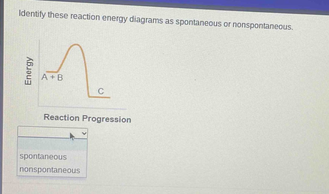 identify these reaction energy diagrams as spontaneous or nonspontaneous. energy a + b c reaction progression spontaneous nonspontaneous
