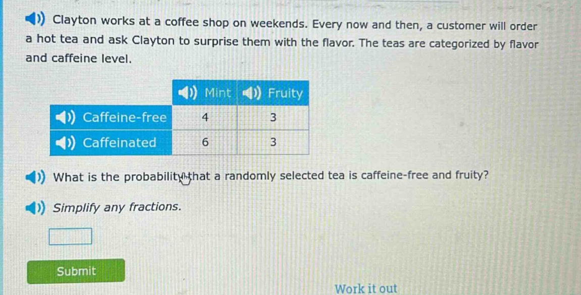 clayton works at a coffee shop on weekends. every now and then, a customer will order a hot tea and ask clayton to surprise them with the flavor. the teas are categorized by flavor and caffeine level. what is the probability that a randomly selected tea is caffeine - free and fruity? simplify any fractions.