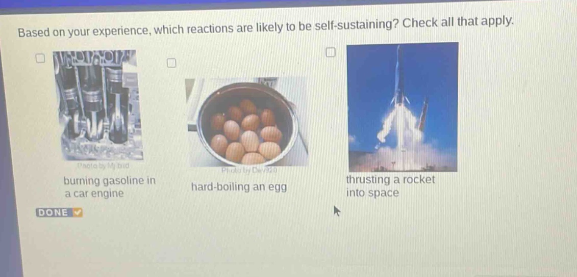 based on your experience, which reactions are likely to be self - sustaining? check all that apply. burning gasoline in a car engine hard - boiling an egg thrusting a rocket into space