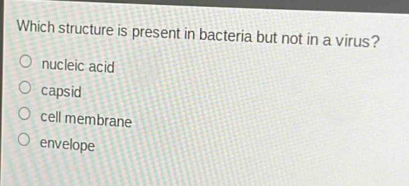 which structure is present in bacteria but not in a virus?\n nucleic acid\n capsid\n cell membrane\n envelope