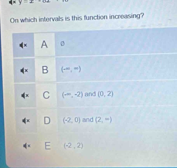 on which intervals is this function increasing? a ∅ b (-∞, ∞) c (-∞, -2) and (0, 2) d (-2, 0) and (2, ∞) e (-2, 2)