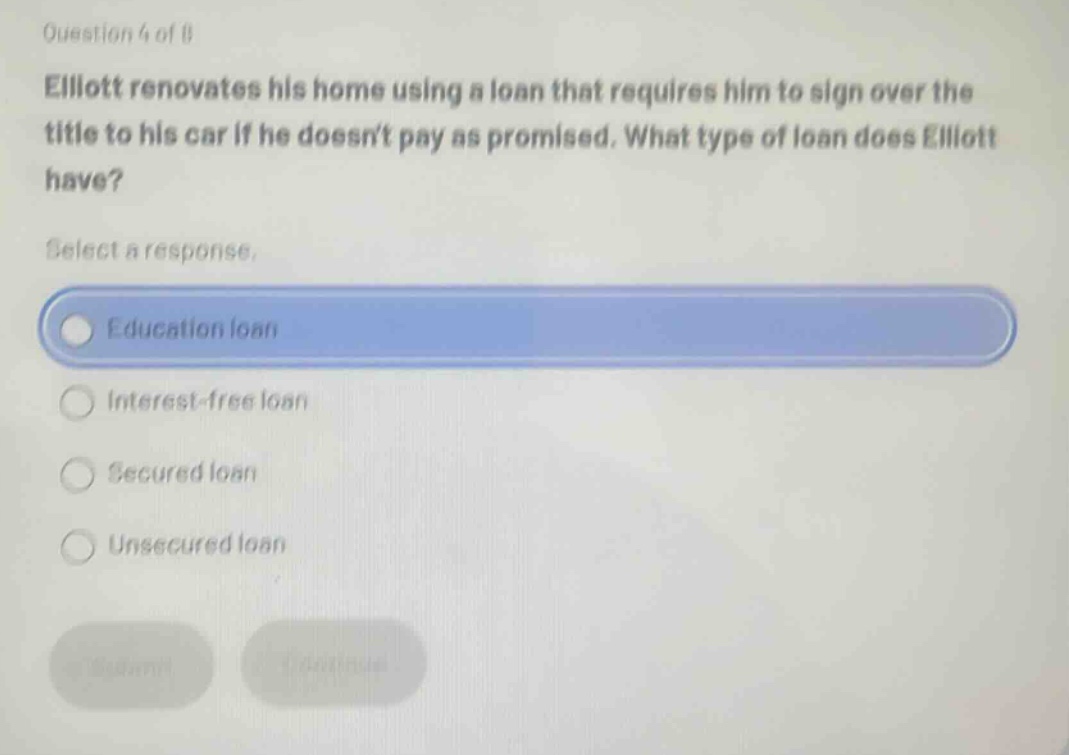 question 4 of 8 elliott renovates his home using a loan that requires him to sign over the title to his car if he doesnt pay as promised. what type of loan does elliott have? select a response. education loan interest - free loan secured loan unsecured loan