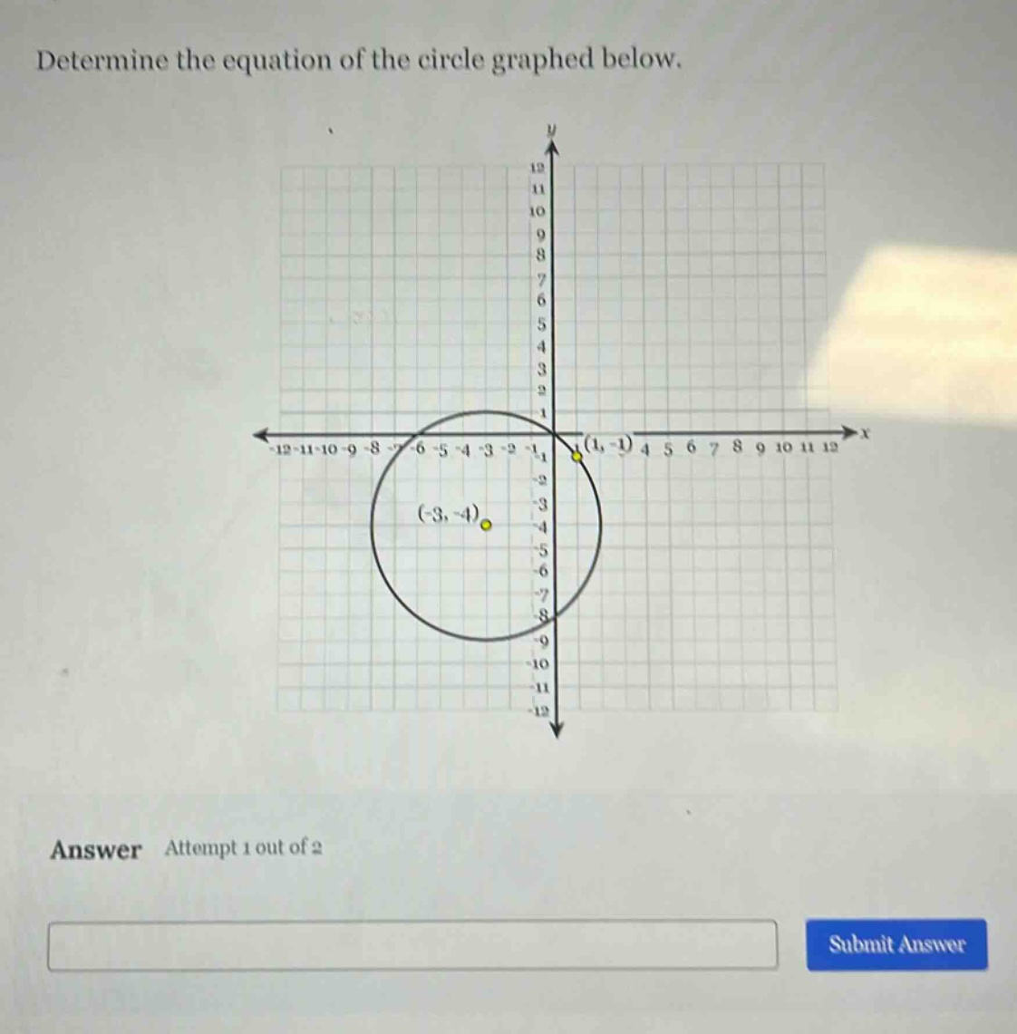 determine the equation of the circle graphed below. answer attempt 1 out of 2 submit answer