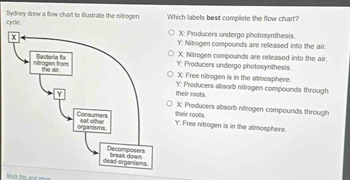 sydney drew a flow chart to illustrate the nitrogen cycle. which labels best complete the flow chart? x: producers undergo photosynthesis. y: nitrogen compounds are released into the air. x: nitrogen compounds are released into the air. y: producers undergo photosynthesis. x: free nitrogen is in the atmosphere. y: producers absorb nitrogen compounds through their roots. x: producers absorb nitrogen compounds through their roots. y: free nitrogen is in the atmosphere. bacteria fix nitrogen from the air. consumers eat other organisms. decomposers break down dead organisms.