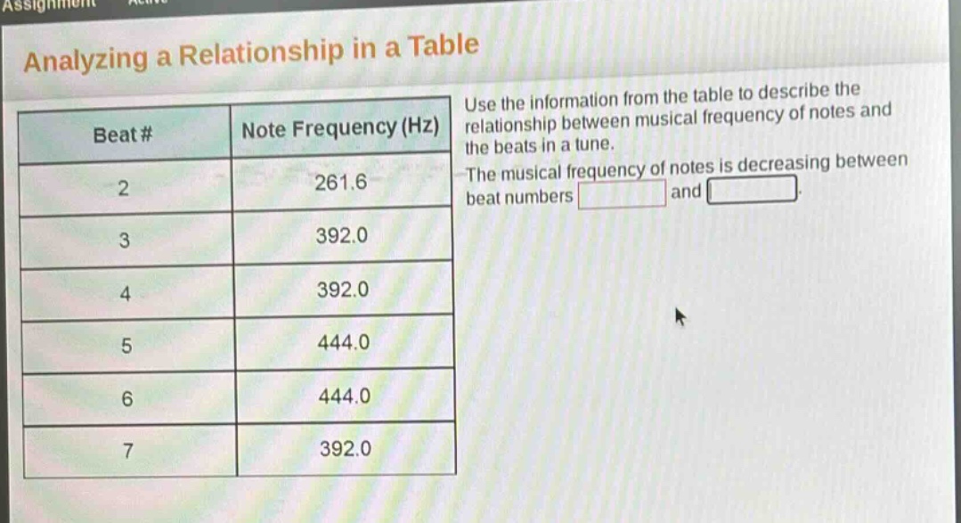 analyzing a relationship in a table\nuse the information from the table to describe the relationship between musical frequency of notes and the beats in a tune.\nthe musical frequency of notes is decreasing between beat numbers \nbeat # note frequency (hz)\n2 261.6\n3 392.0\n4 392.0\n5 444.0\n6 444.0\n7 392.0
