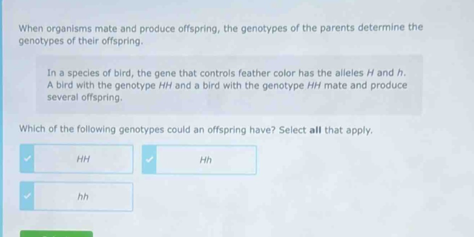 when organisms mate and produce offspring, the genotypes of the parents determine the genotypes of their offspring. in a species of bird, the gene that controls feather color has the alleles h and h. a bird with the genotype hh and a bird with the genotype hh mate and produce several offspring. which of the following genotypes could an offspring have? select all that apply. hh hh hh