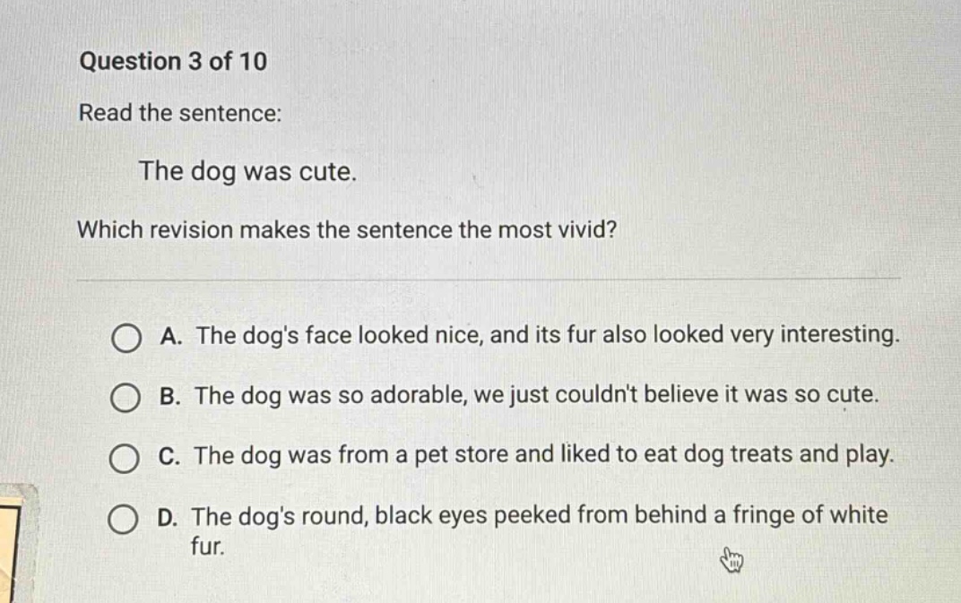 question 3 of 10 read the sentence: the dog was cute. which revision makes the sentence the most vivid? a. the dogs face looked nice, and its fur also looked very interesting. b. the dog was so adorable, we just couldnt believe it was so cute. c. the dog was from a pet store and liked to eat dog treats and play. d. the dogs round, black eyes peeked from behind a fringe of white fur.